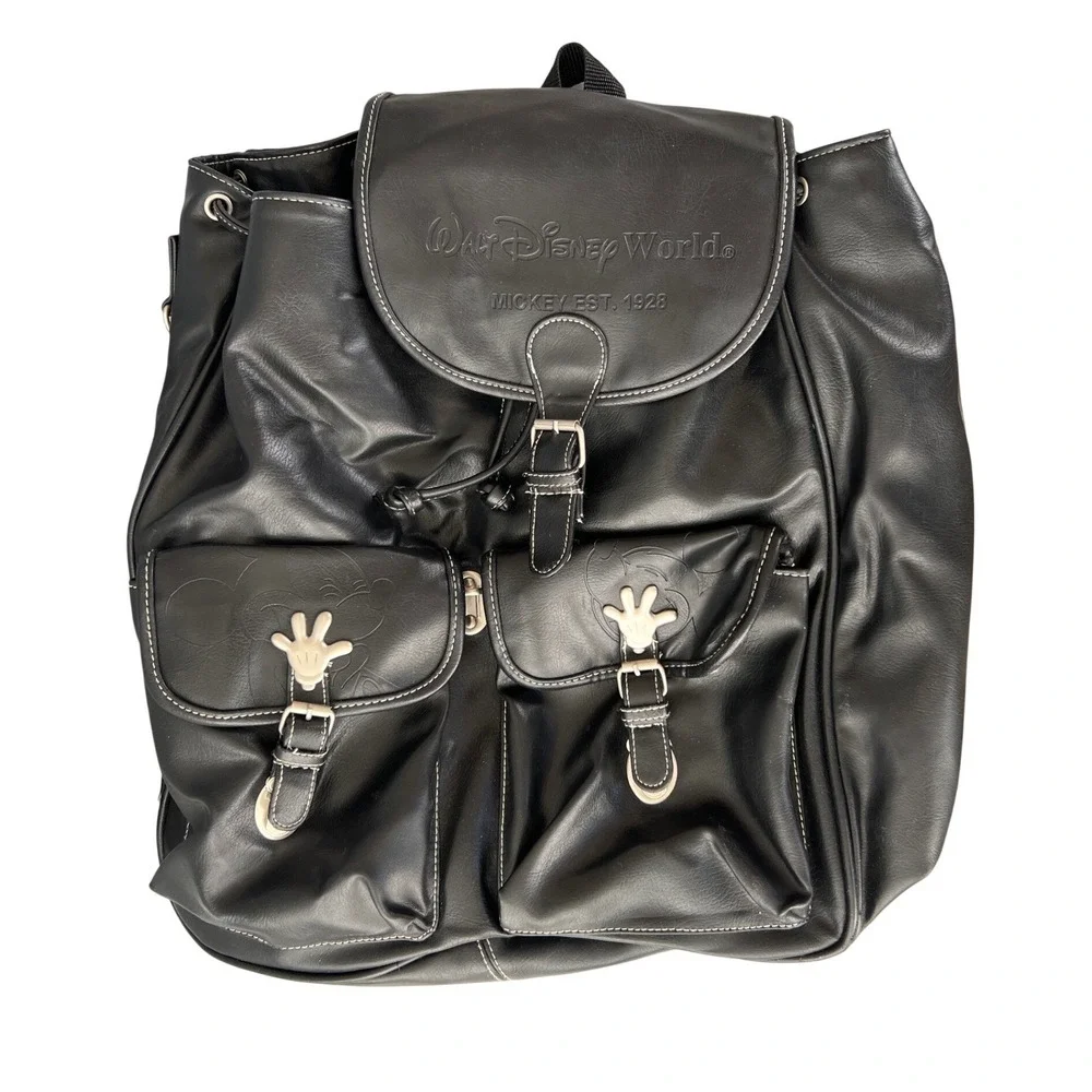 Walt Disney World Mickey Mouse Black Faux Leather Rucksack Backpack Vintage